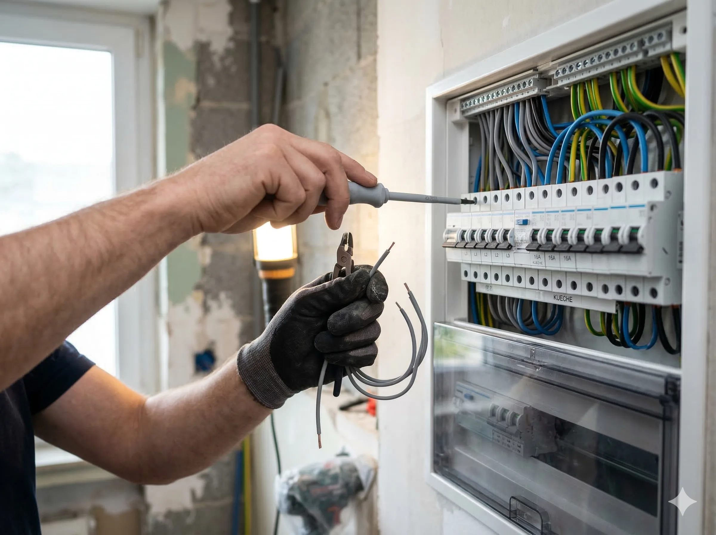 Elektriker bei der Arbeit am Sicherungskasten — saubere Kabelführung