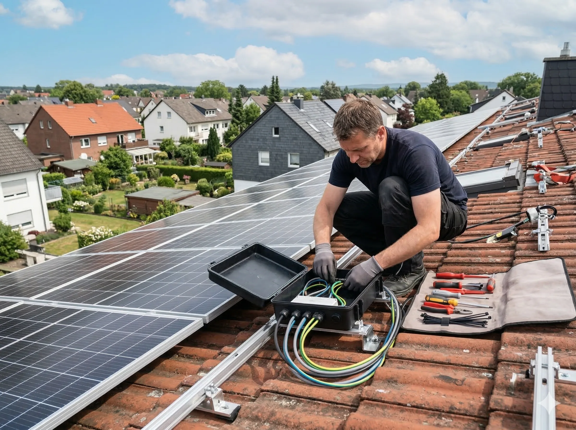 Elektriker am Zählerschrank — PV-Kabel und Multimeter