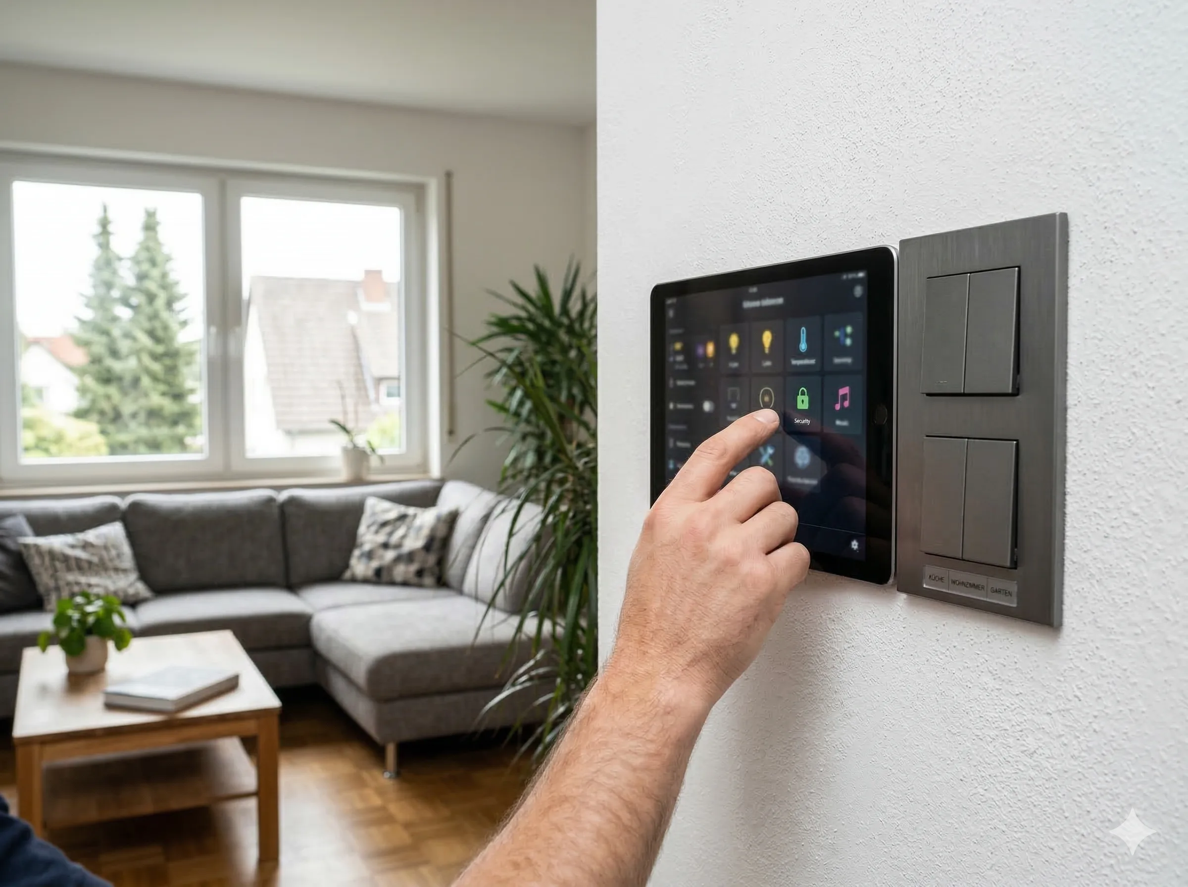 KNX Smart Home Touchpanel an dunkler Wand — Lichtsteuerung